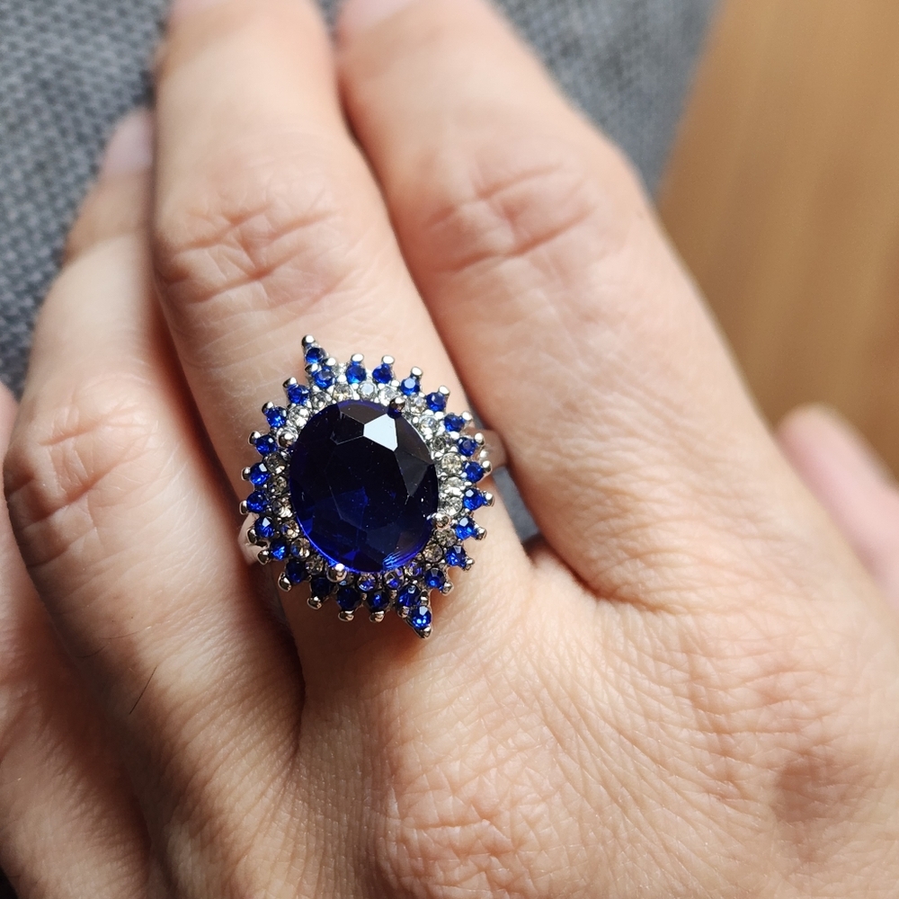 New 925 Silver Oval Cut Blue Sapphire Diamond Ring for Women - Picture 6 of 12
